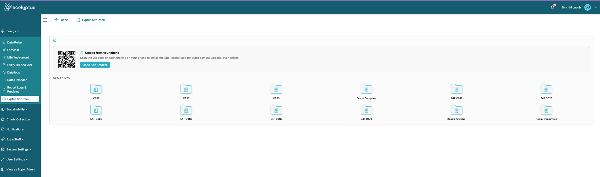 Lyptus SiteTrack datapoints view, showing every site as its own folder