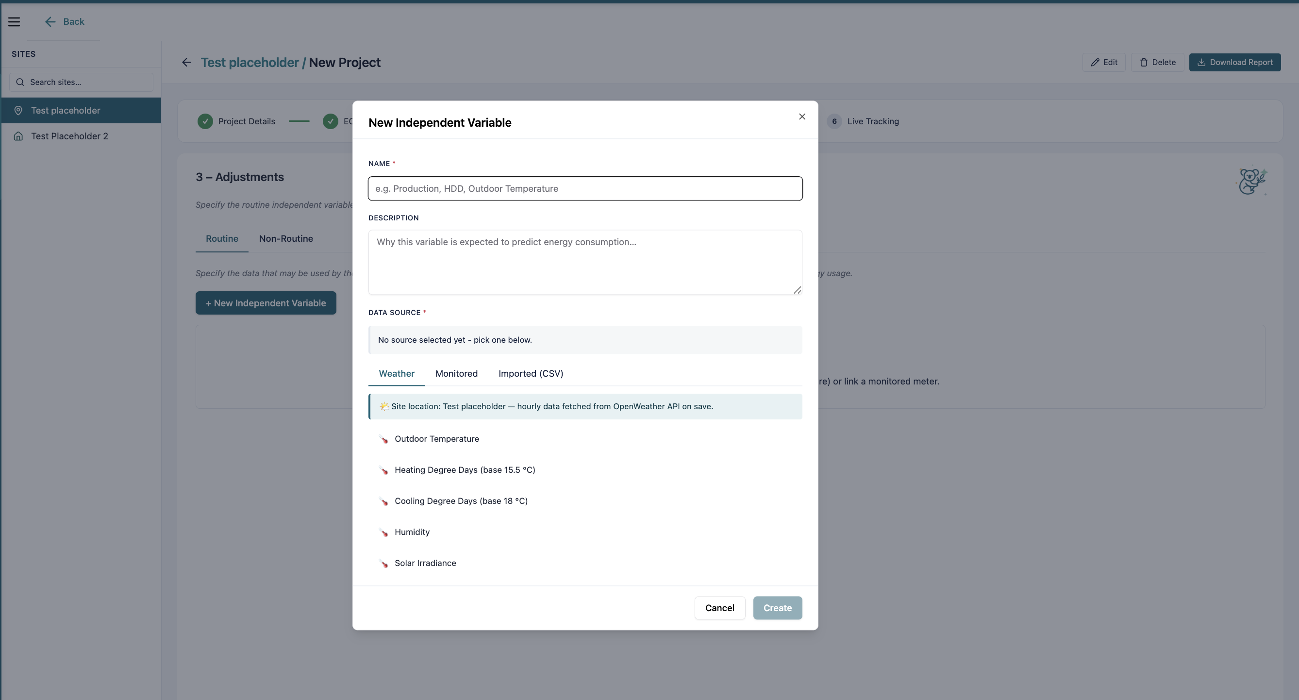 Adding an independent variable from weather, monitored, or imported CSV data