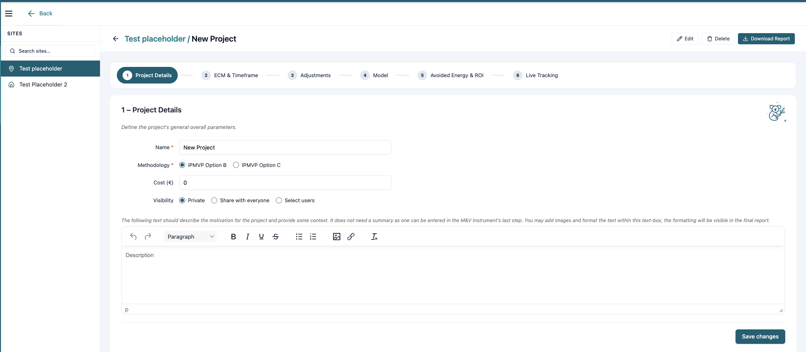 M&V project workflow with six guided steps