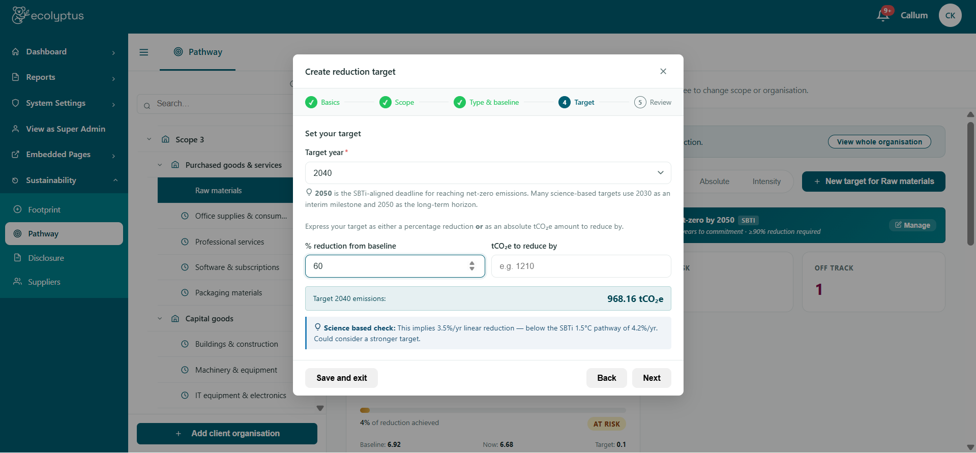 Create reduction target modal