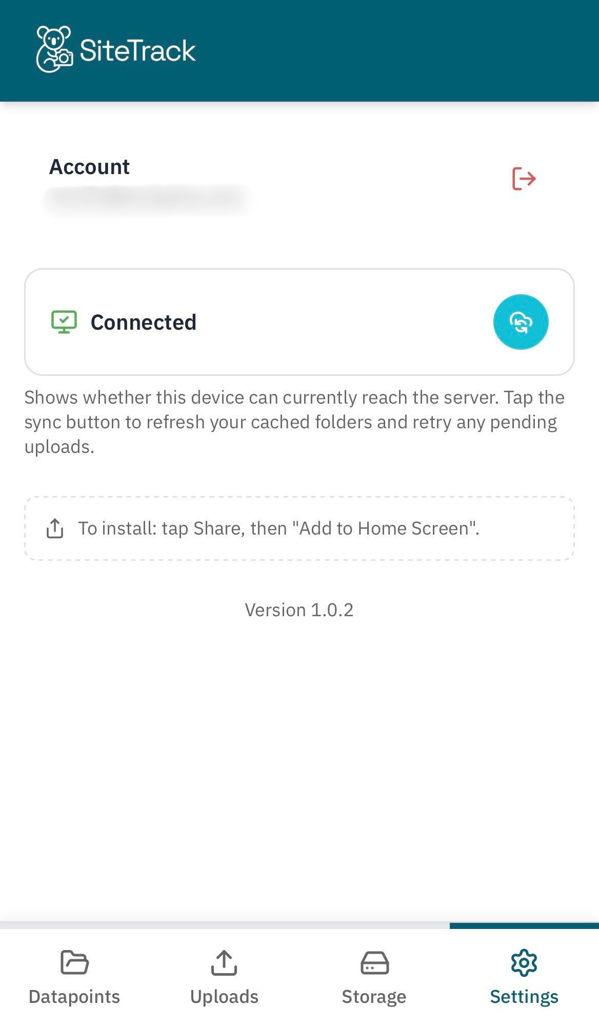 Lyptus SiteTrack Settings screen, showing the connected account and sync status